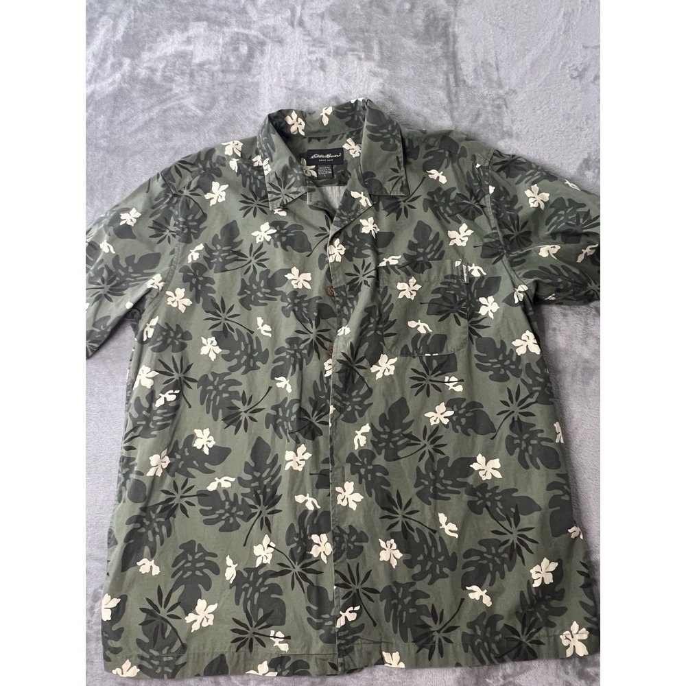 Eddie Bauer Mens Shirt Large Green‎ Floral Tropical Camp